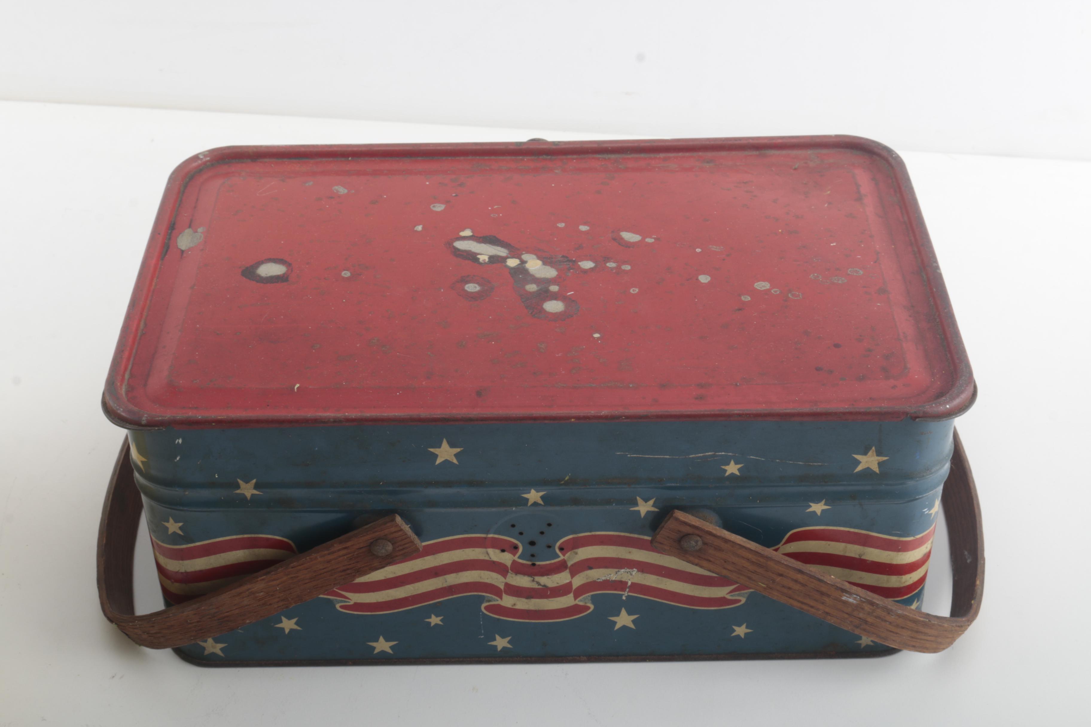 Vintage Golden Cookies "Bread" Tin and "Patriotic Picnic Basket" Tin
