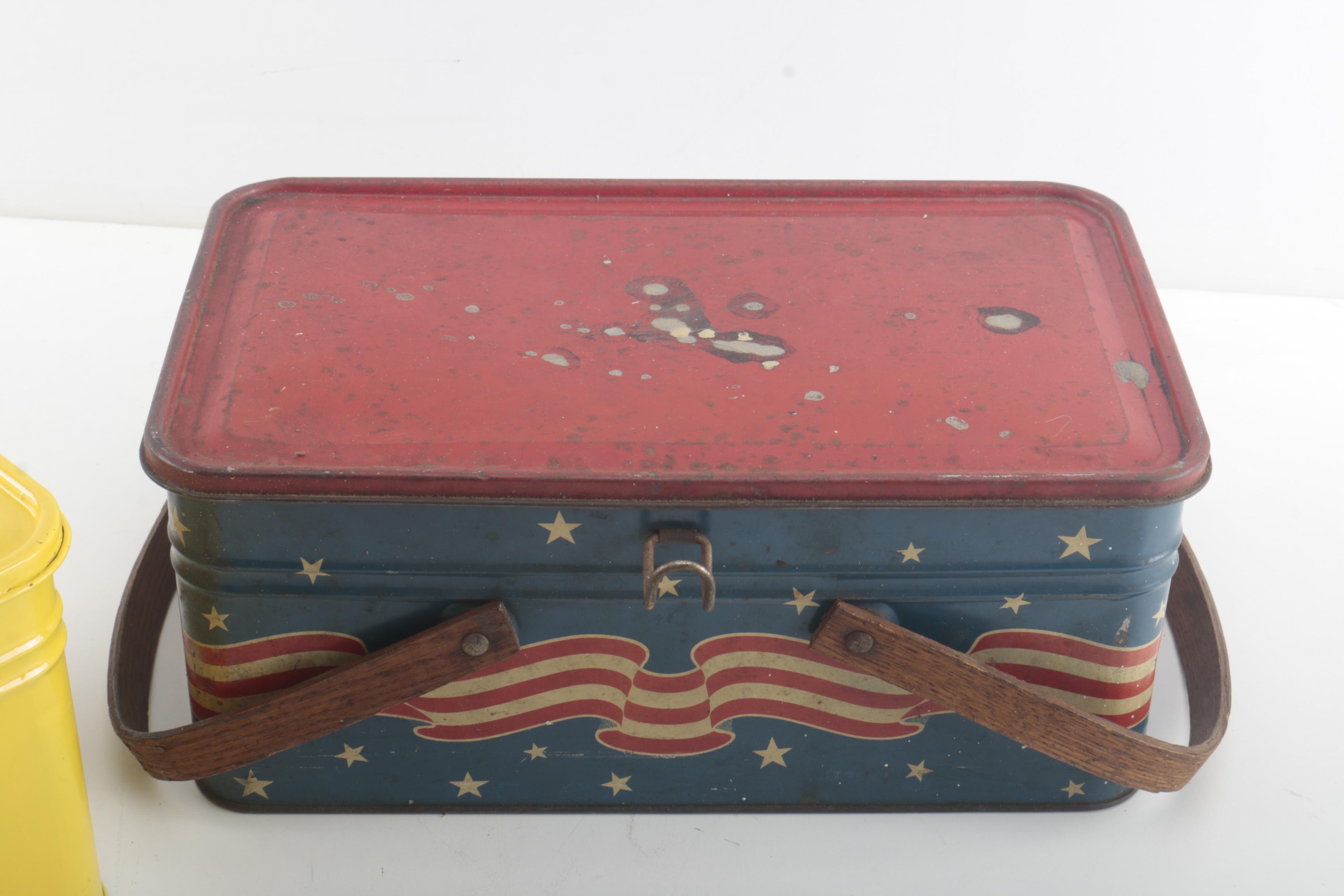 Vintage Golden Cookies "Bread" Tin and "Patriotic Picnic Basket" Tin