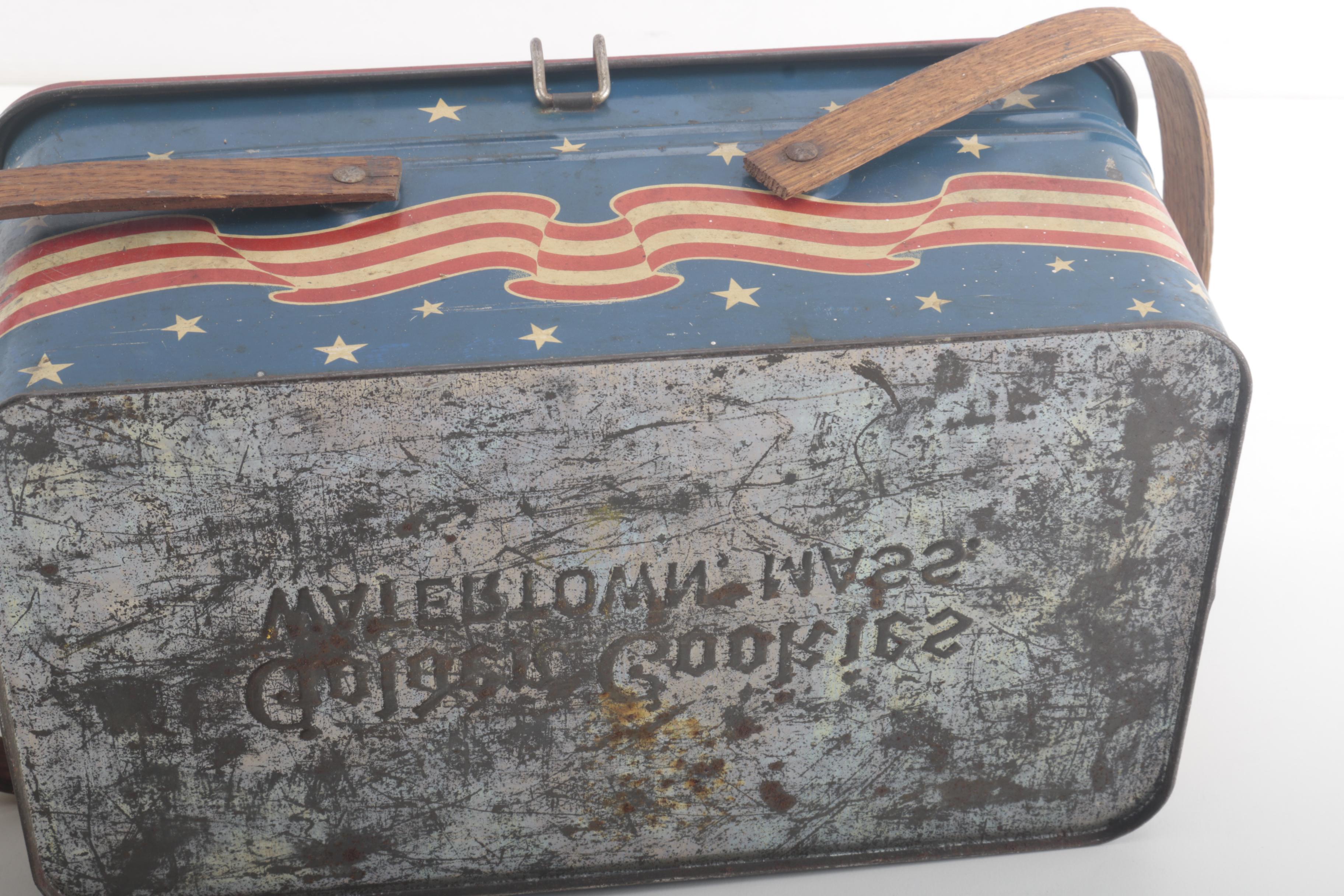 Vintage Golden Cookies "Bread" Tin and "Patriotic Picnic Basket" Tin