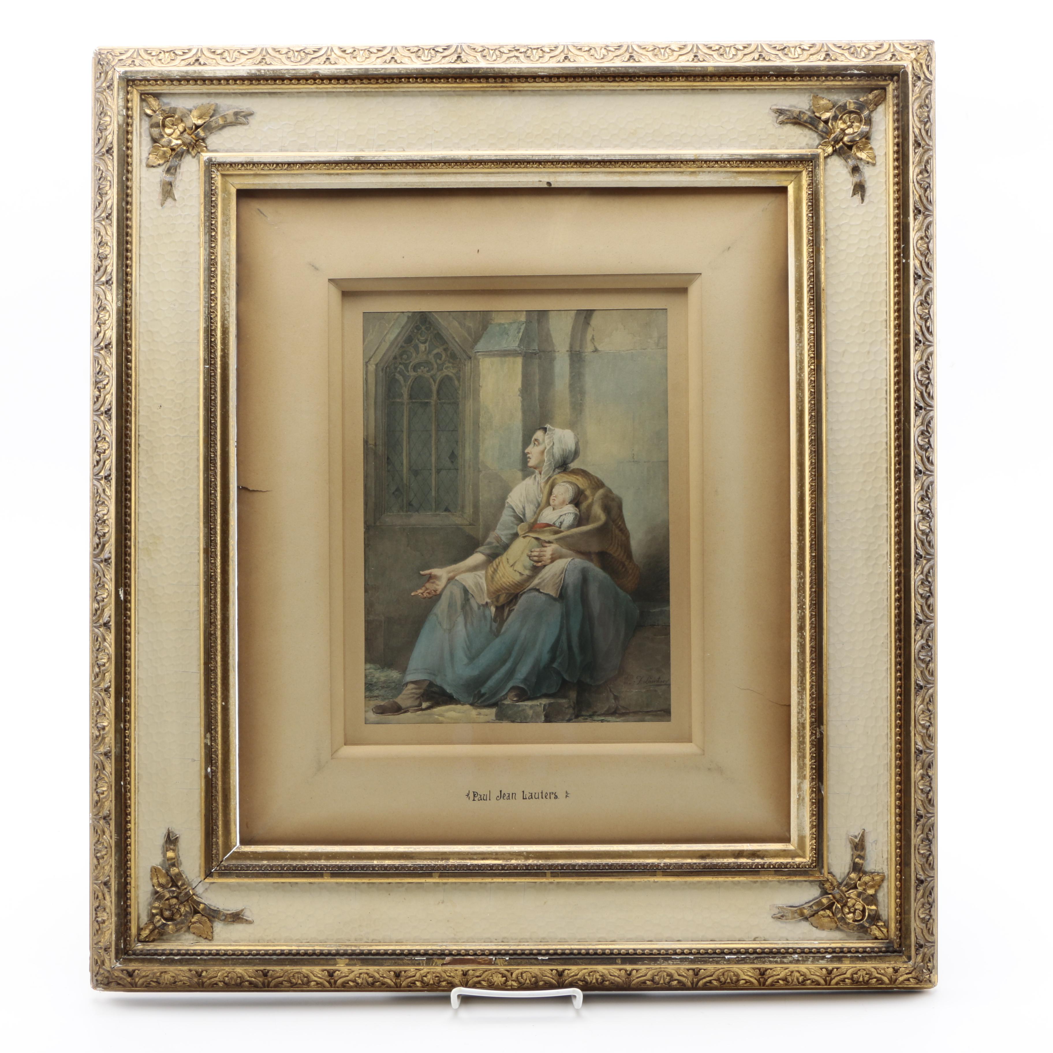Paul Jean Lauters Watercolor Painting of Peasant Woman and Child