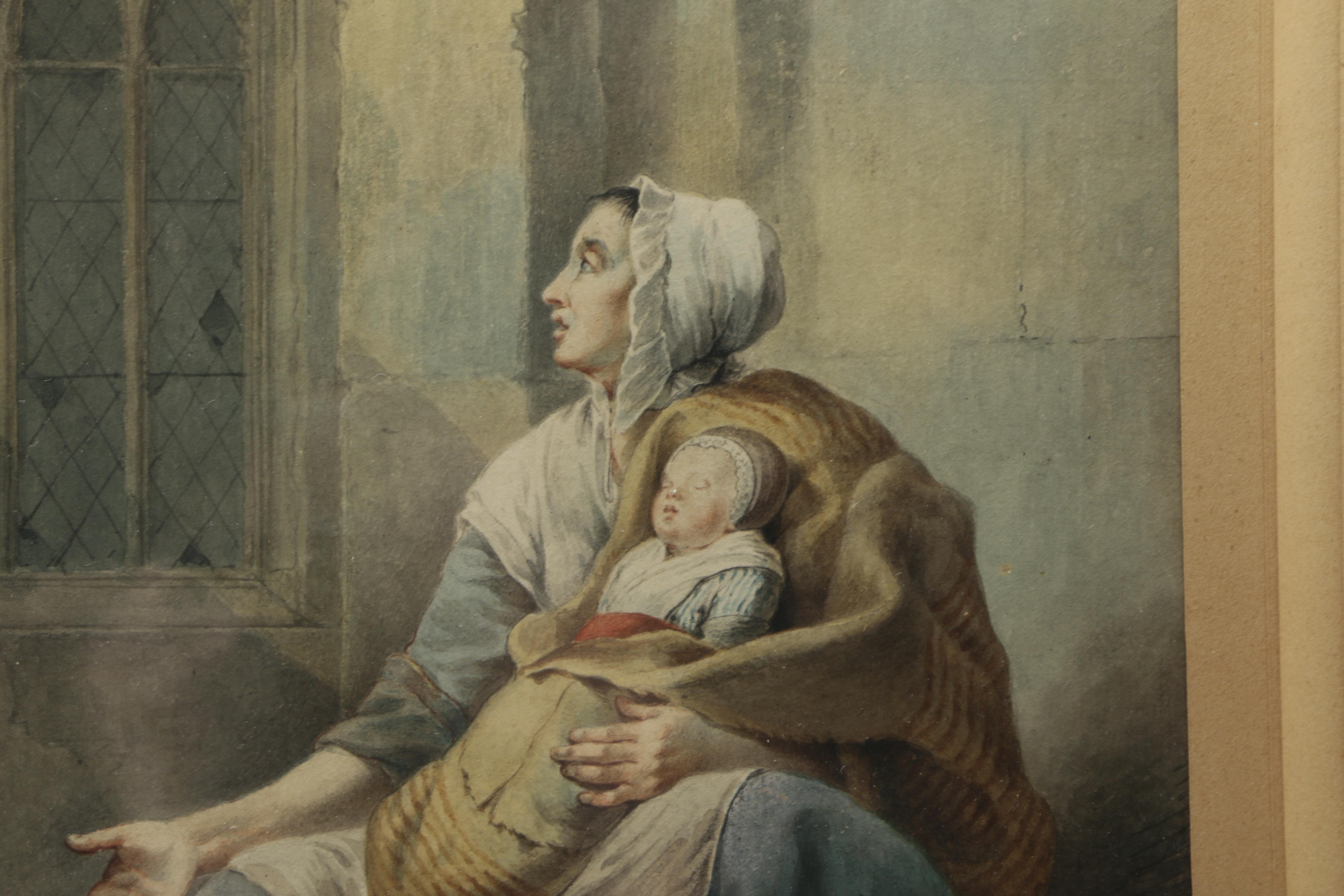 Paul Jean Lauters Watercolor Painting of Peasant Woman and Child