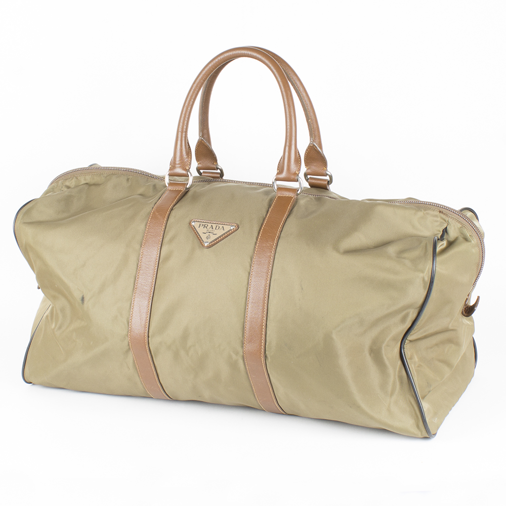 Prada Olive Green Weekender Bag with Leather Accents