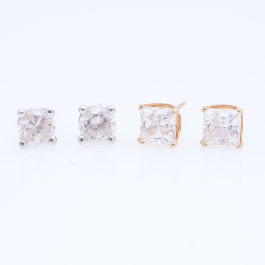 14K Yellow and White Gold Cubic Zirconia Stud Earrings