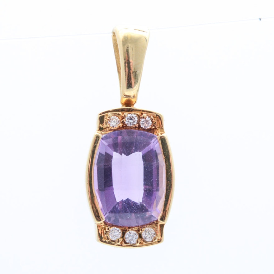 18K Yellow Gold Natural Amethyst and Diamond Pendant