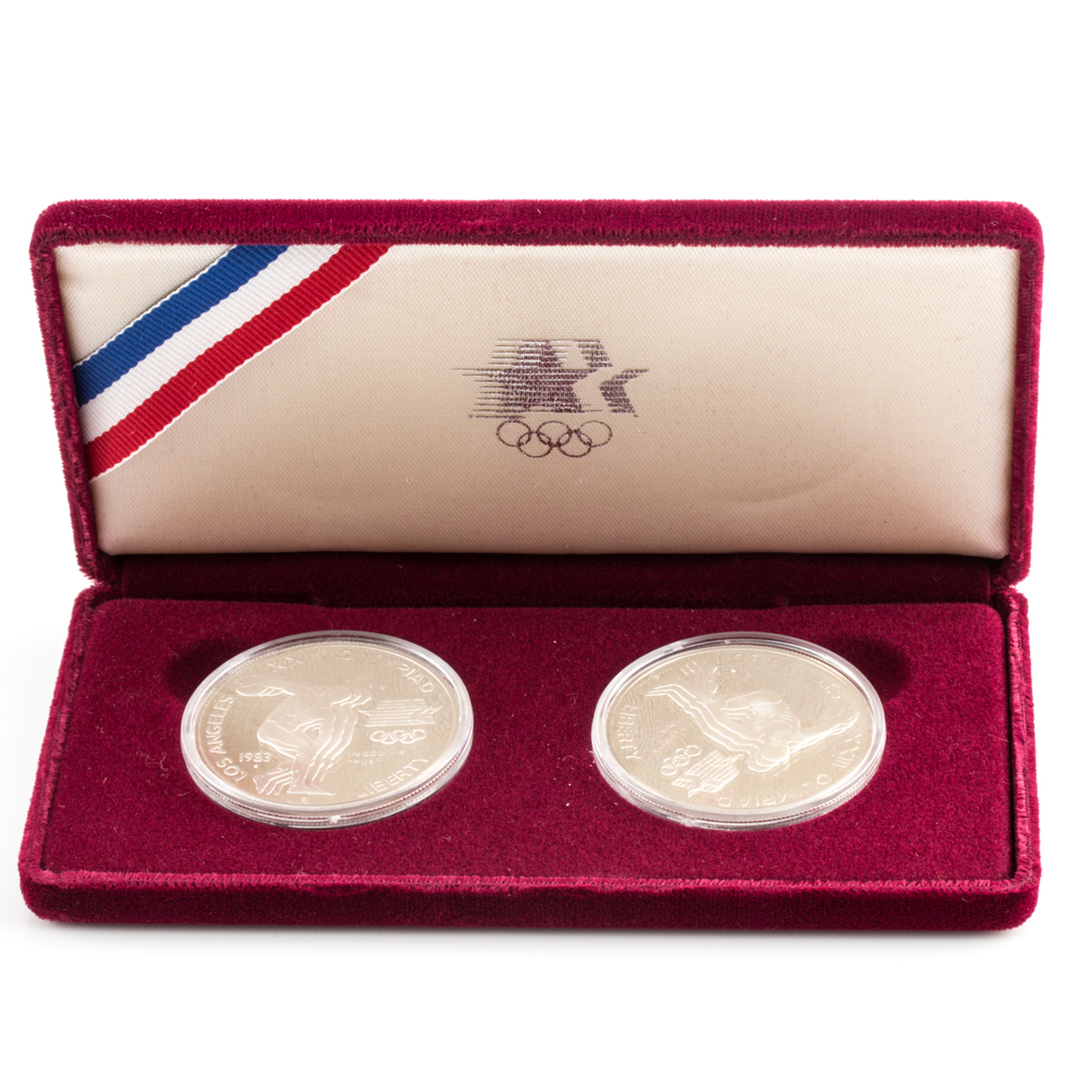 Set of Two 1983 Los Angeles Olympics Proof Commemorative Silver Dollars