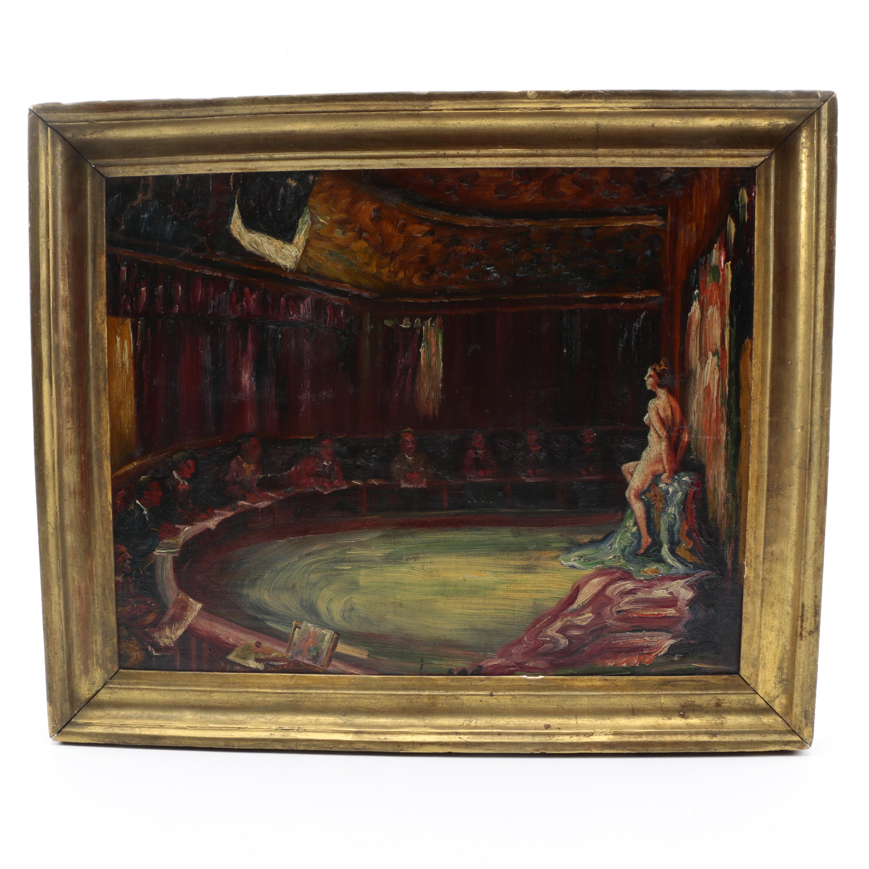 Early 20th Century Oil Painting on Canvas Board of Artists Painting a Nude Figure