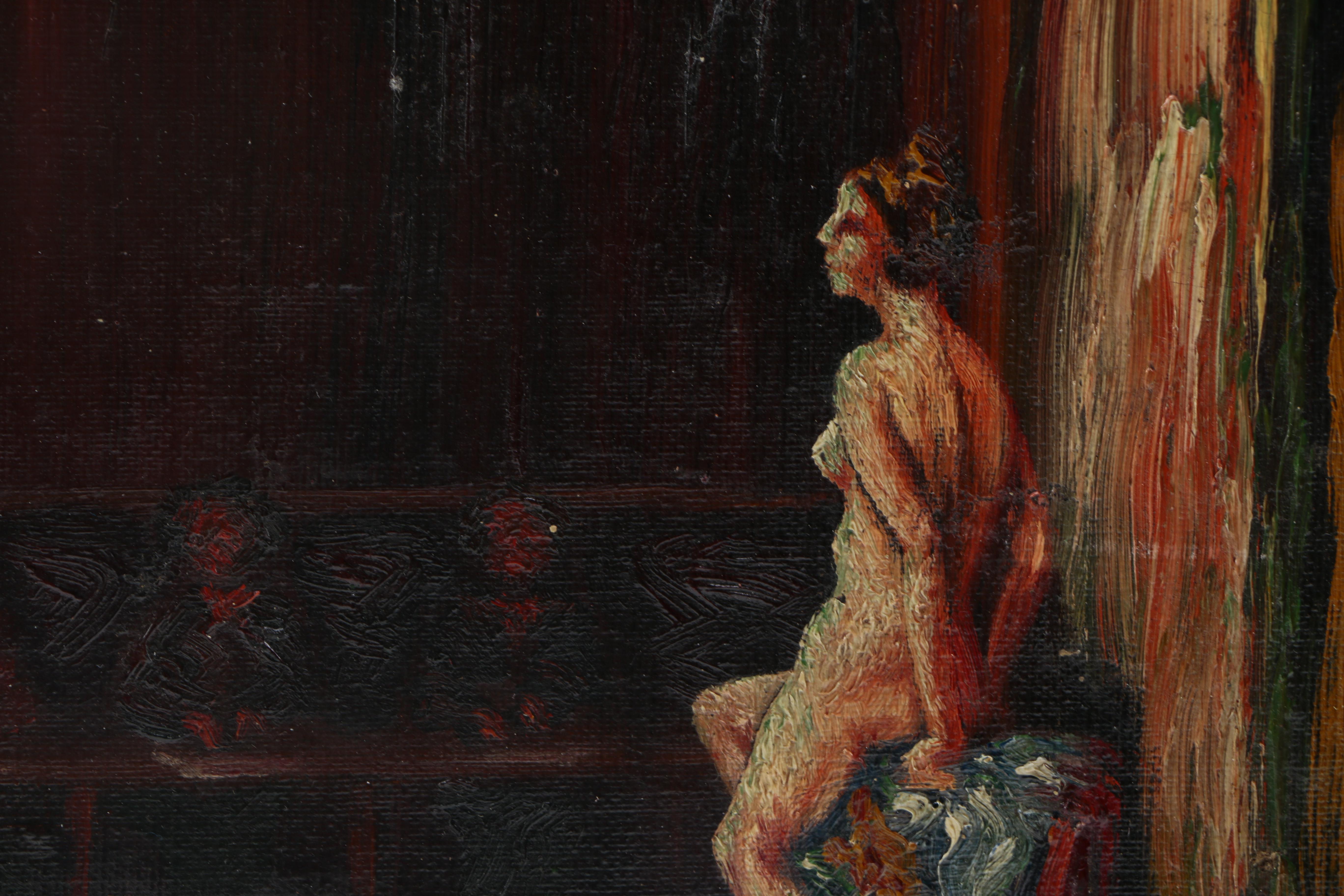 Early 20th Century Oil Painting on Canvas Board of Artists Painting a Nude Figure