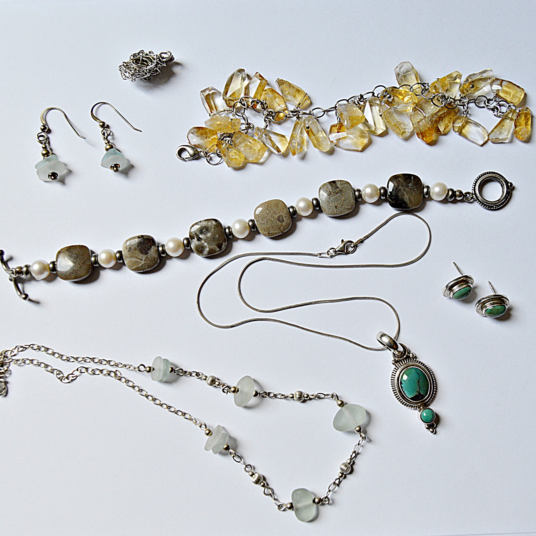 Sterling Silver, Petoskey Stone and Beach Glass Jewelry