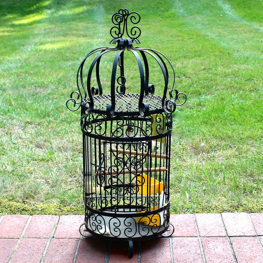 Black Wrought Iron Bird Cage with Accessories