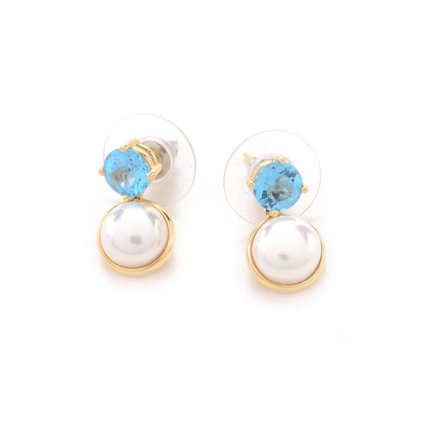 Pair of 14K Yellow Gold Blue Topaz Faux Pearl Earrings