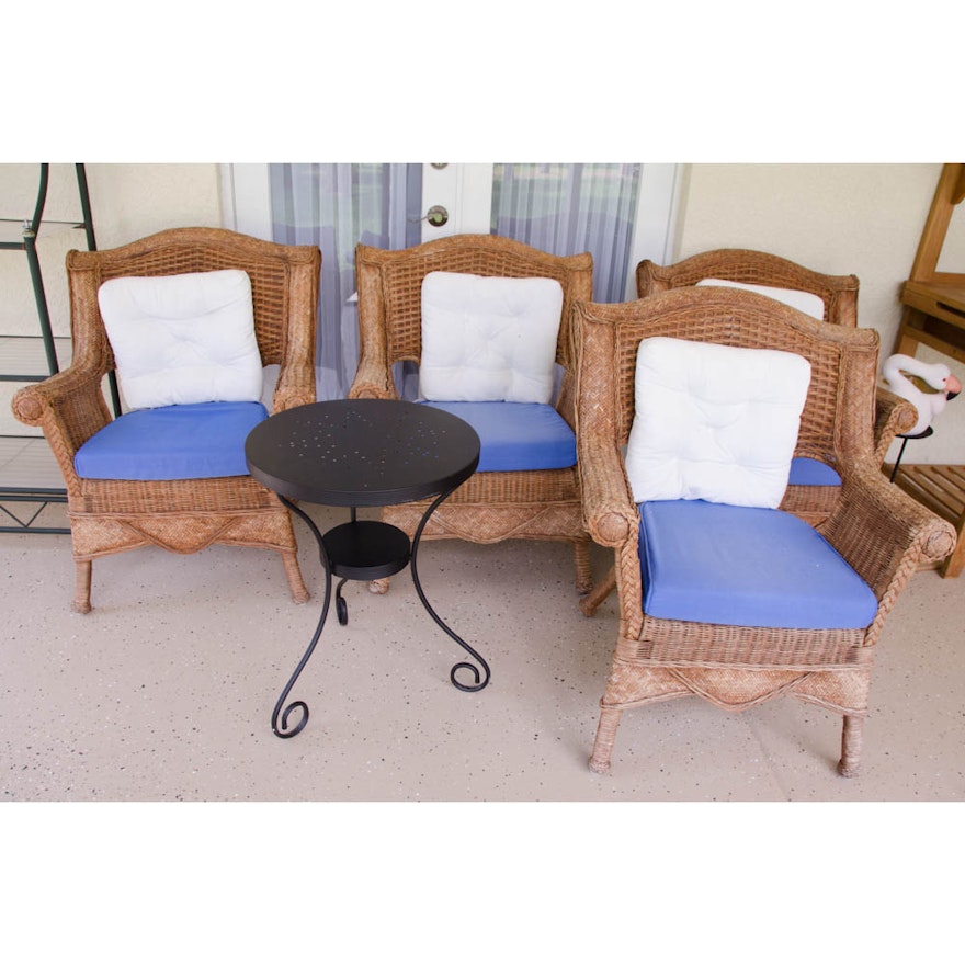 Wicker Chairs With Cushions and Side Table