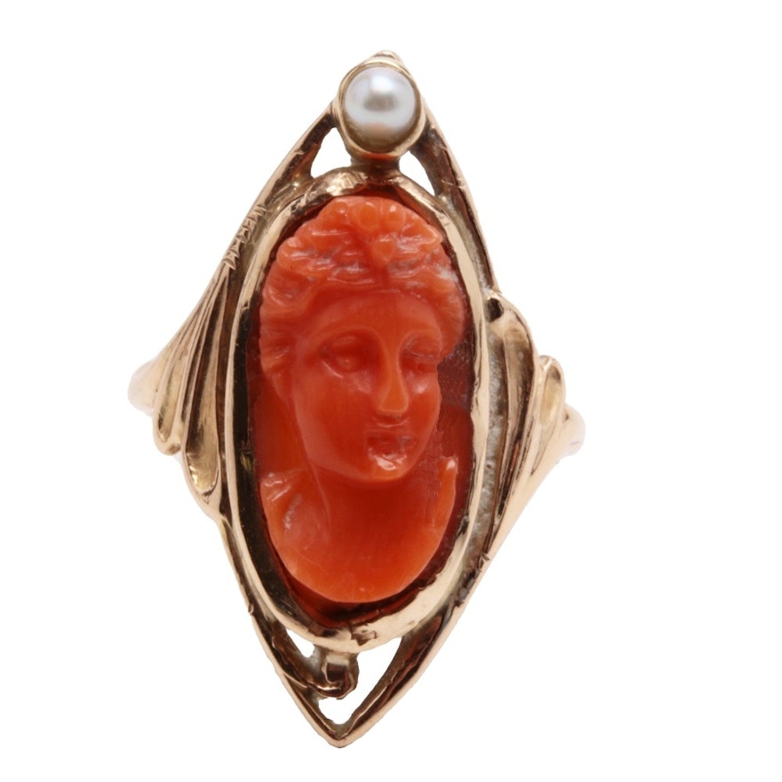 Victorian 10K Yellow Gold Coral Cameo Ring