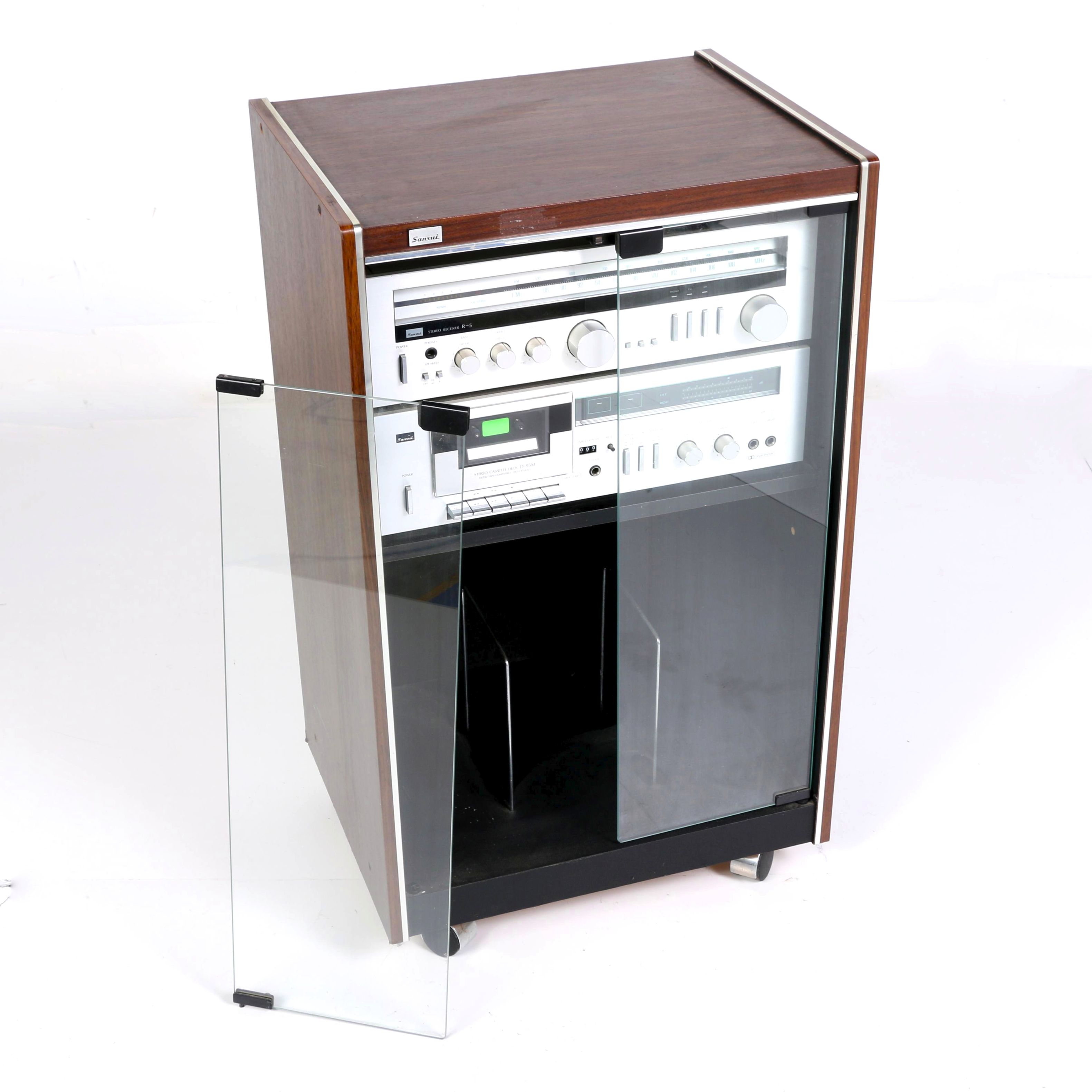 Vintage Sansui R-5 Stereo Receiver and D-95M Cassette Deck in Cabinet