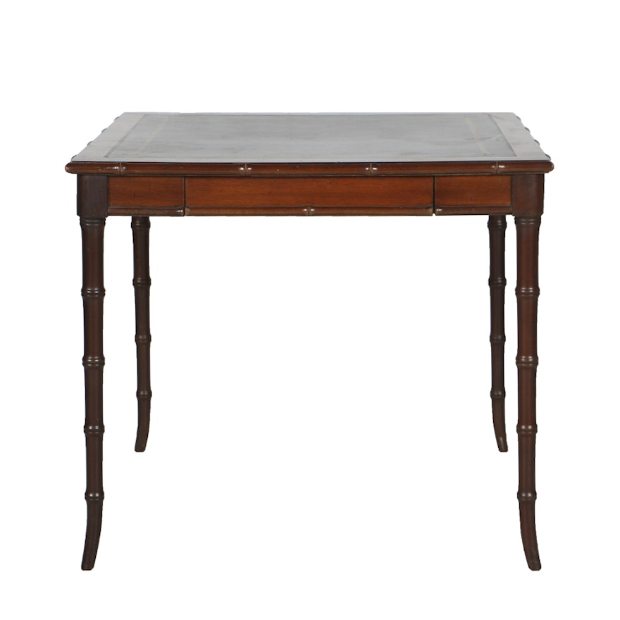 Vintage Bamboo-Turned Card Table With Leather Top