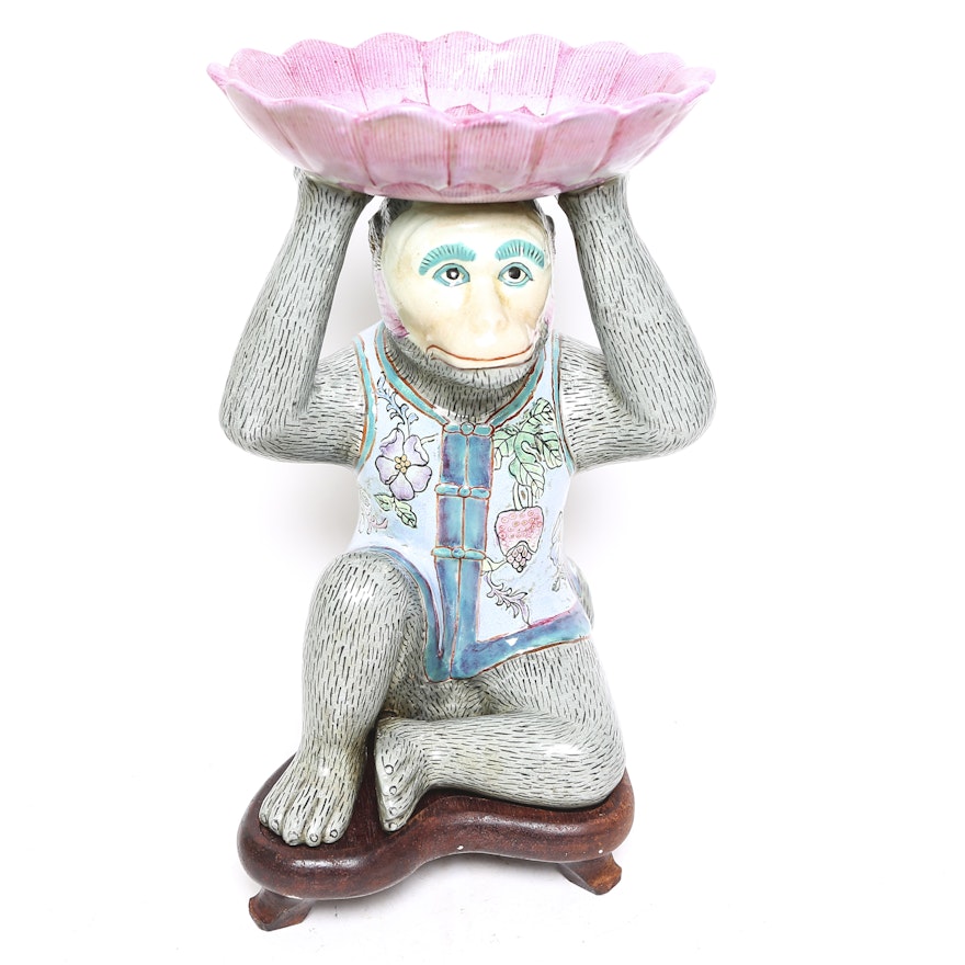 Chinese Ceramic Monkey with Wooden Stand