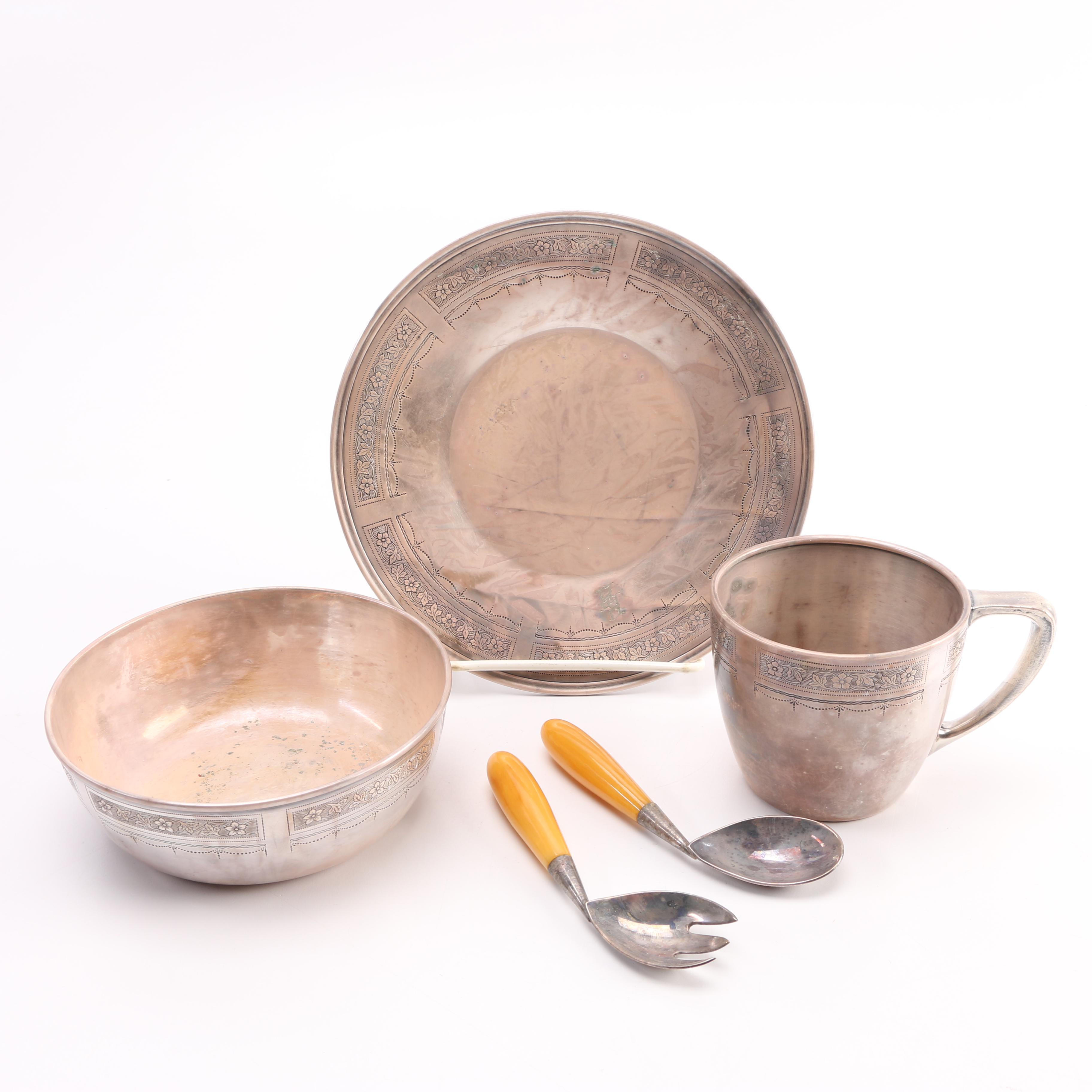 Art Deco Baby Feeding Set Community Plate and Napier Silver Plate With Bakelite Handles