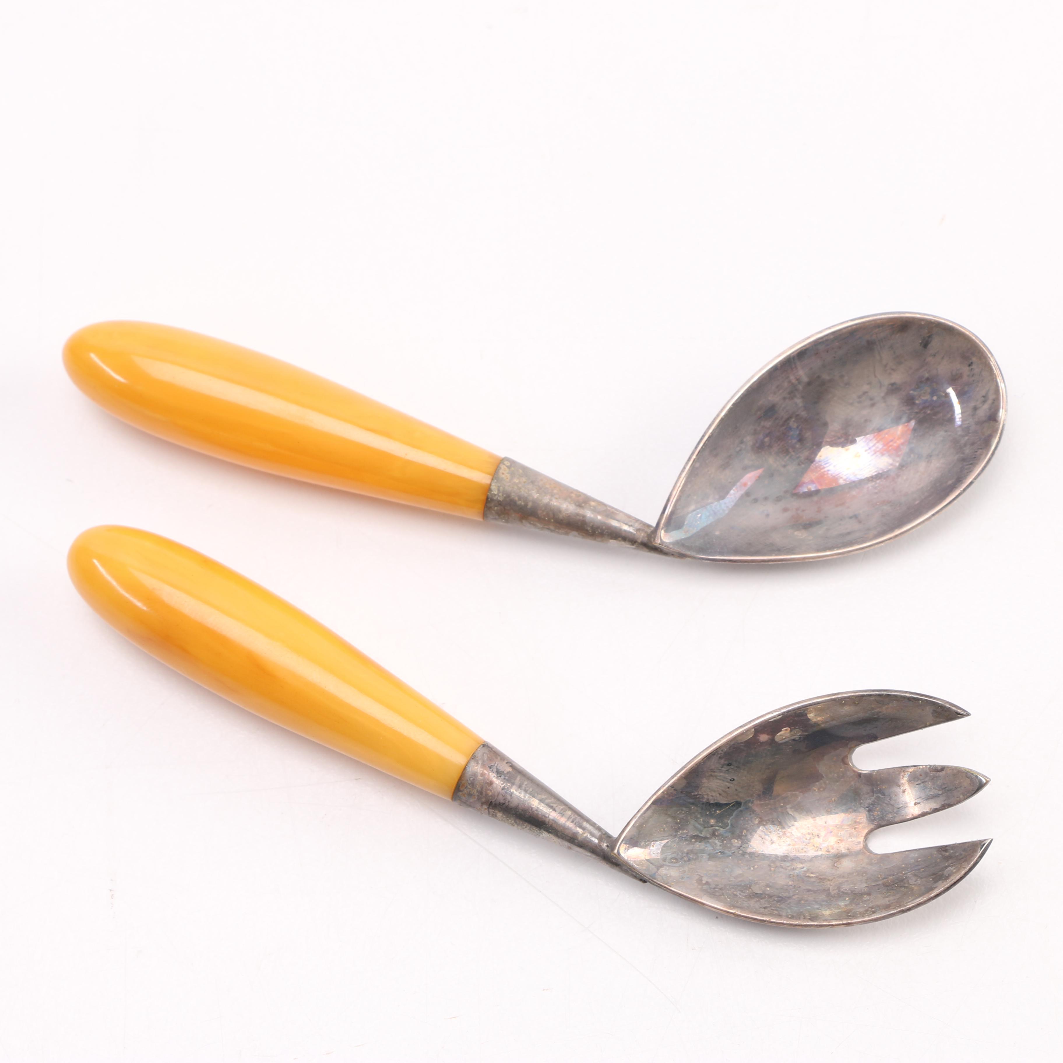 Art Deco Baby Feeding Set Community Plate and Napier Silver Plate With Bakelite Handles