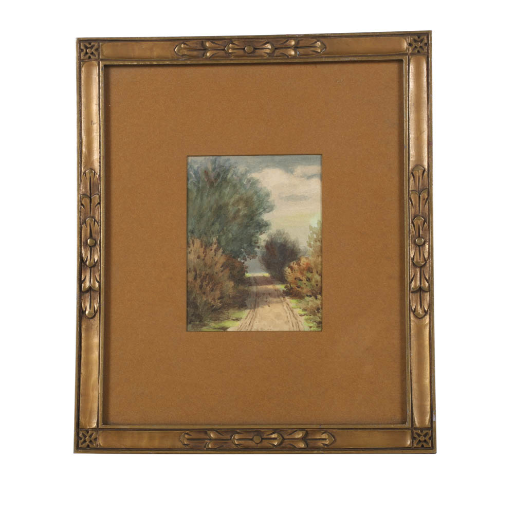 Watercolor Painting on Paper of Dirt Path Landscape