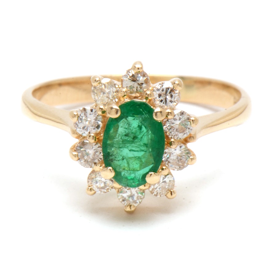 14K Yellow Gold Natural Emerald Diamond Floral Ring