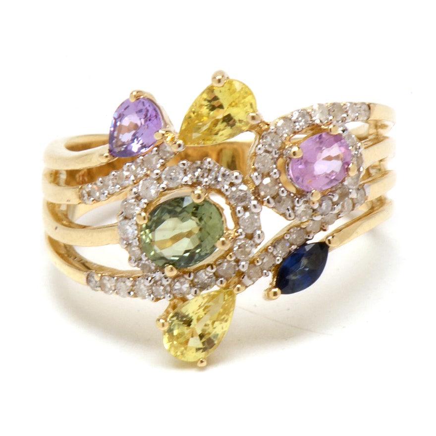 14K Yellow Gold Multi-Color Sapphire and Diamond Fashion Ring