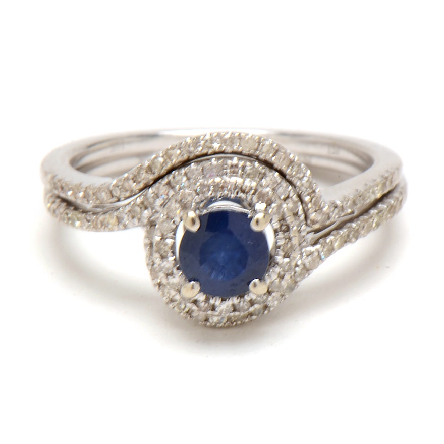 10K White Gold Natural Sapphire Diamond Bridal Ring Set