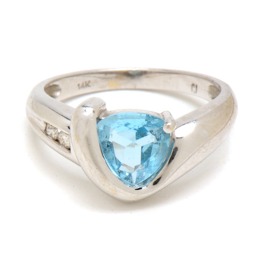 14K White Gold Blue Topaz Diamond Ring