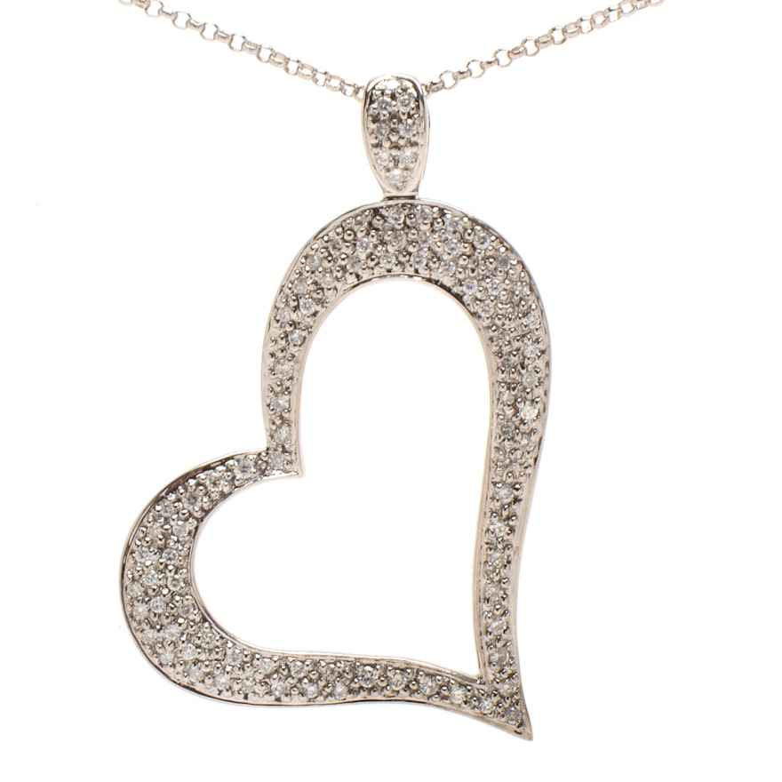 14K White Gold Diamond Open Heart Pendant Necklace