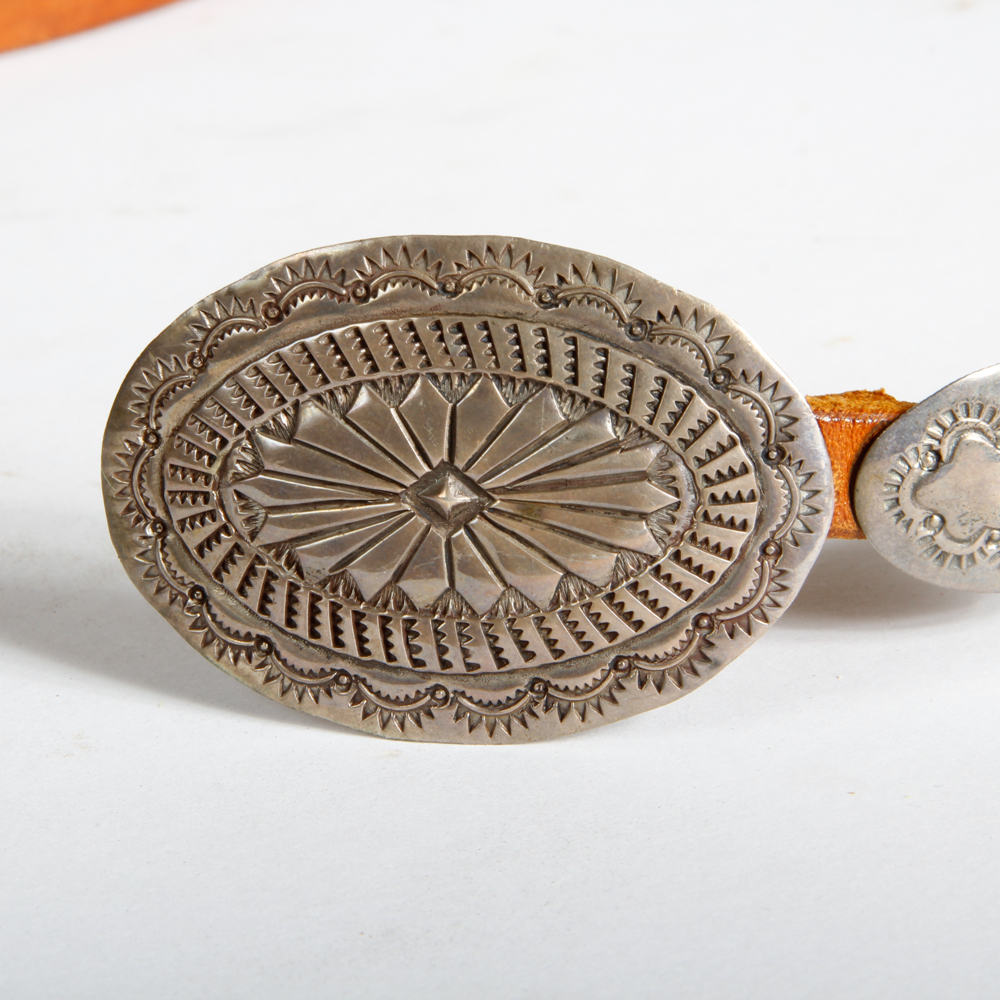 Native American Style Sterling and Leather Concho Belt