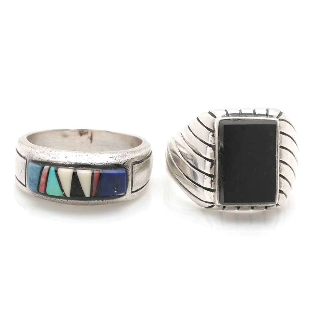 Sterling Silver Gemstone Rings Featuring B.G. Mudd Zuni Style Mosaic Inlay