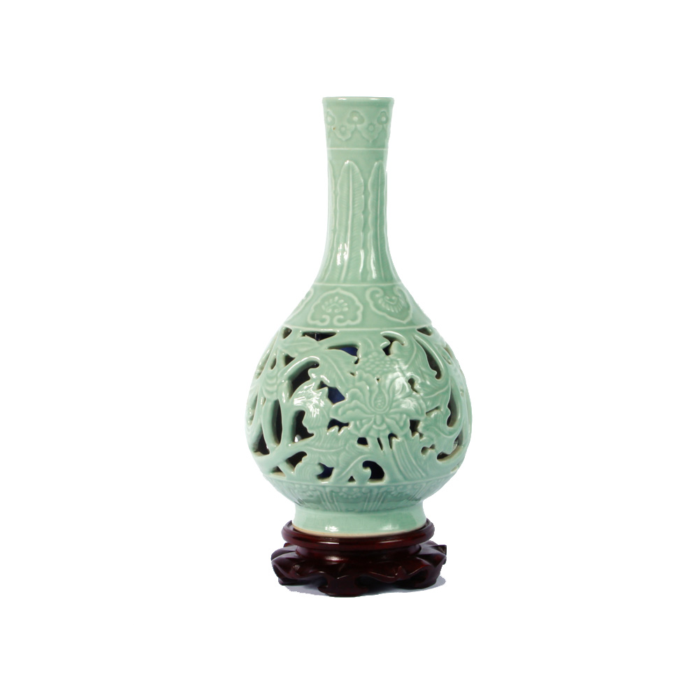 Chinese Reticulated Celadon Vase with Stand