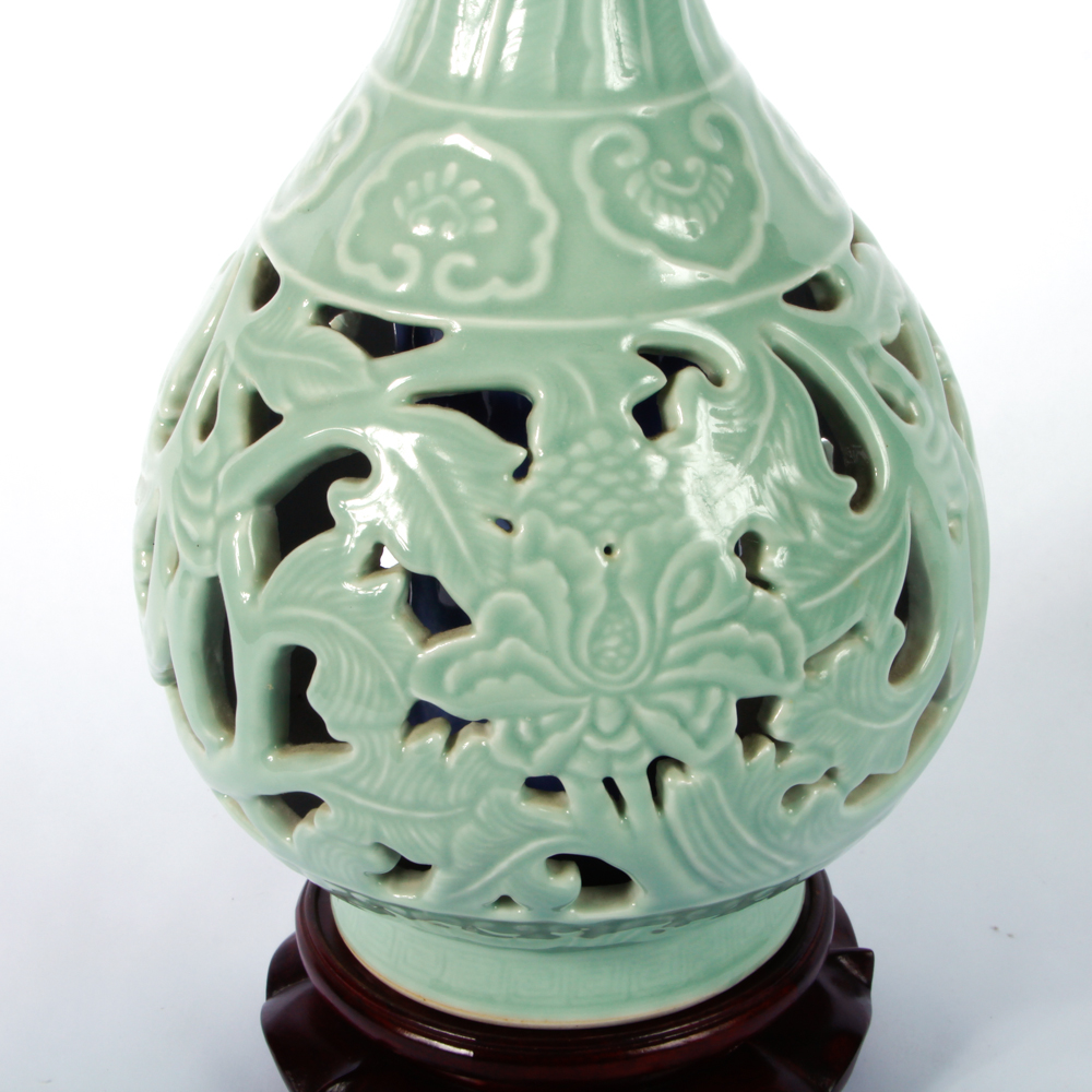 Chinese Reticulated Celadon Vase with Stand