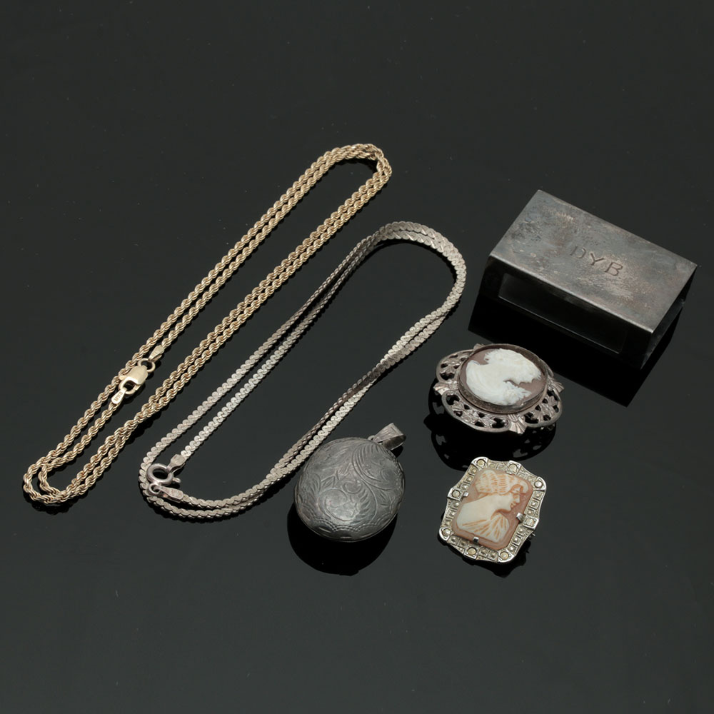 Assortment of Sterling Silver Jewelry Including Shell Cameo Brooches