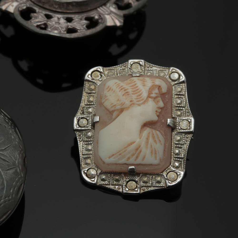 Assortment of Sterling Silver Jewelry Including Shell Cameo Brooches