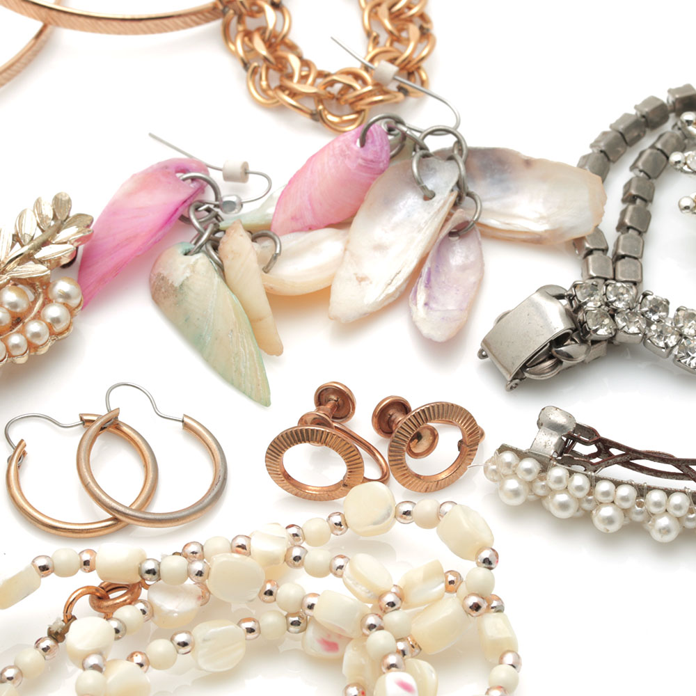 Colorful Assortment of Jewelry Featuring Sterling Silver, Shell, Rhinestones, and Imitation Millefiori