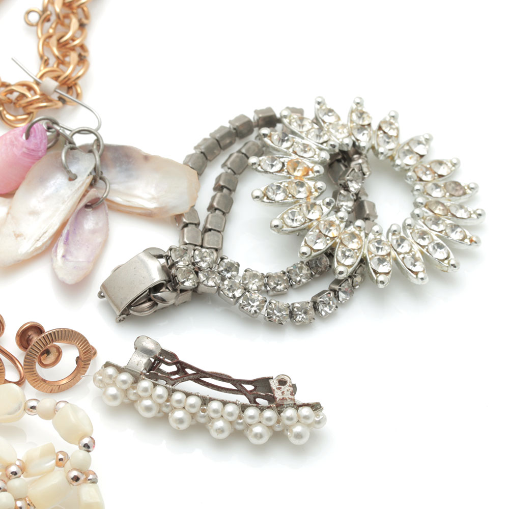 Colorful Assortment of Jewelry Featuring Sterling Silver, Shell, Rhinestones, and Imitation Millefiori