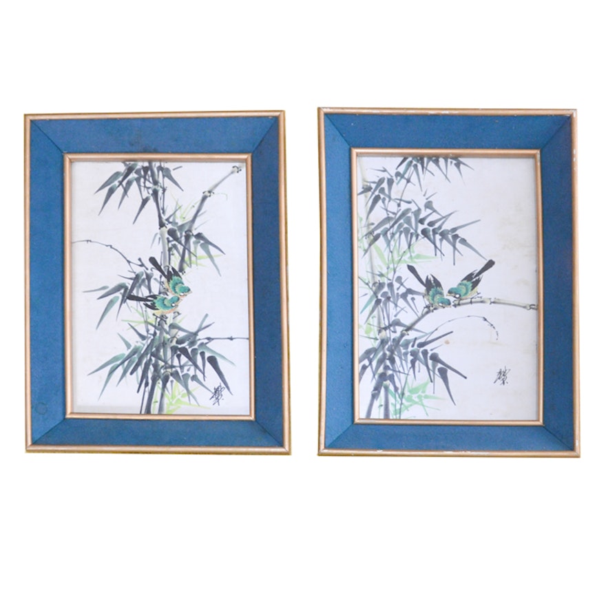 East Asian Watercolor Paintings on Silk of Birds and Bamboo