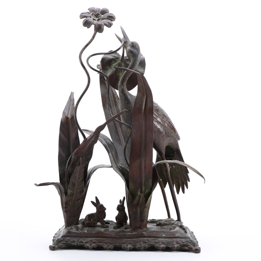 Metal Crane and Plant Figurine