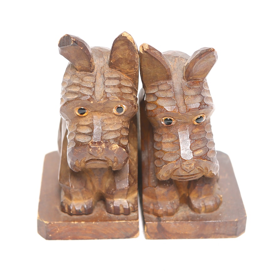 Hand Carved Wooden Schnauzer Bookends