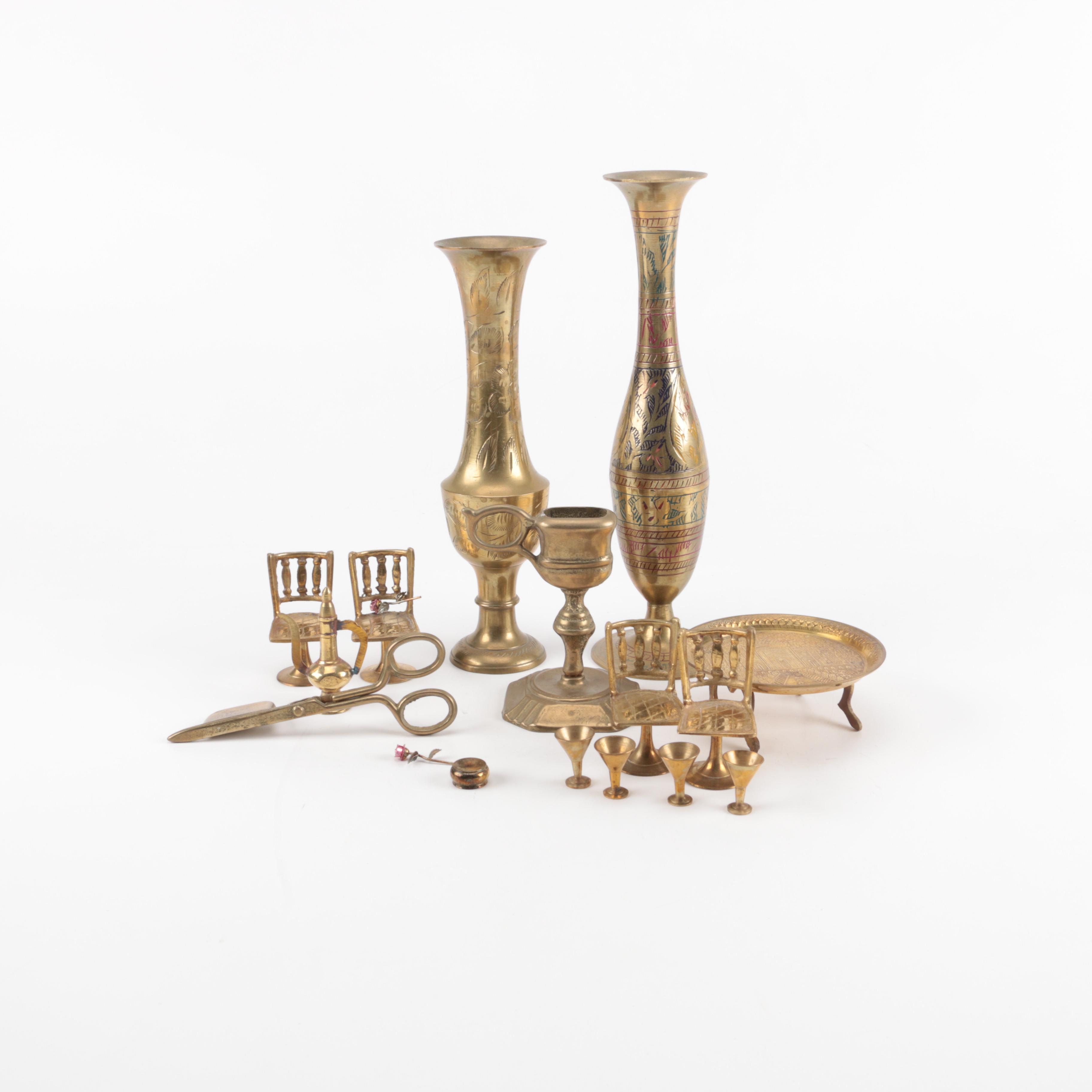 Brass Vases, Candlewick Trimmer, and Miniatures