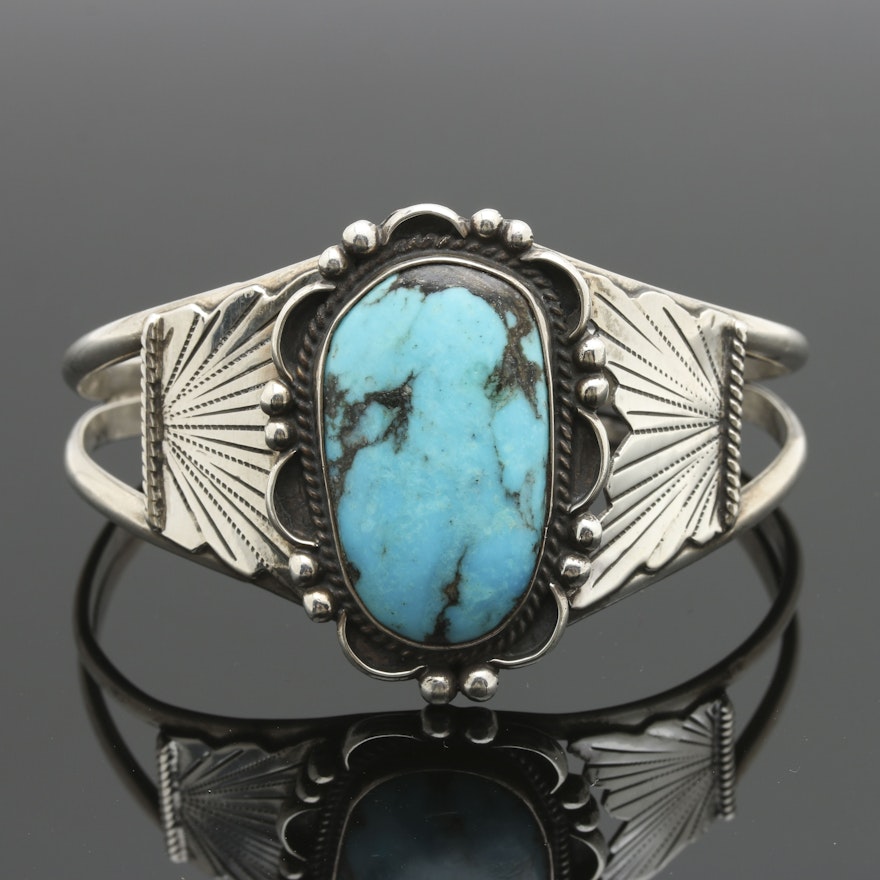 Robert Nez Sterling Silver Turquoise Navajo Butterfly Cuff Bracelet