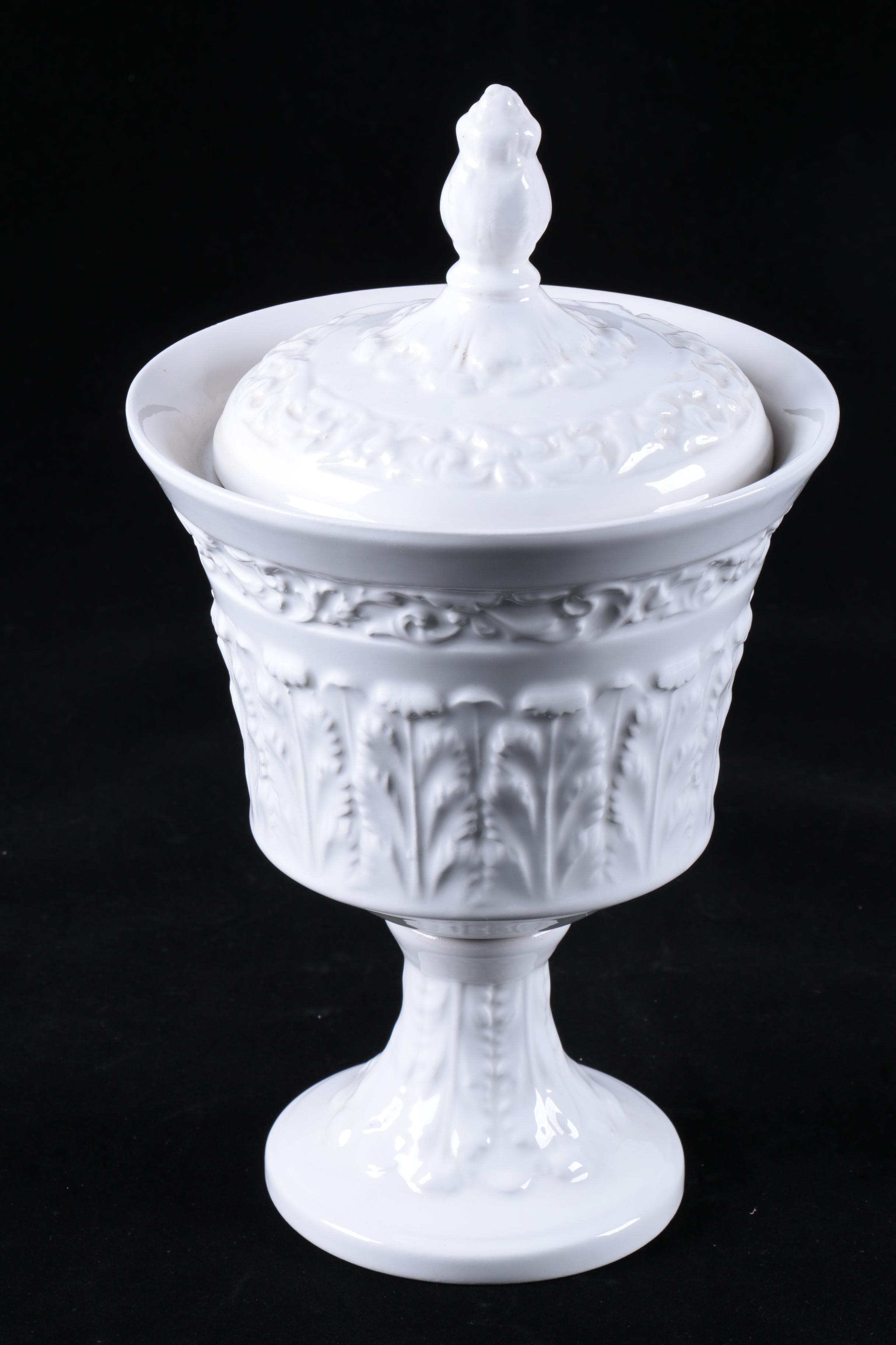 Four Pieces of Embossed White Ceramic Serveware