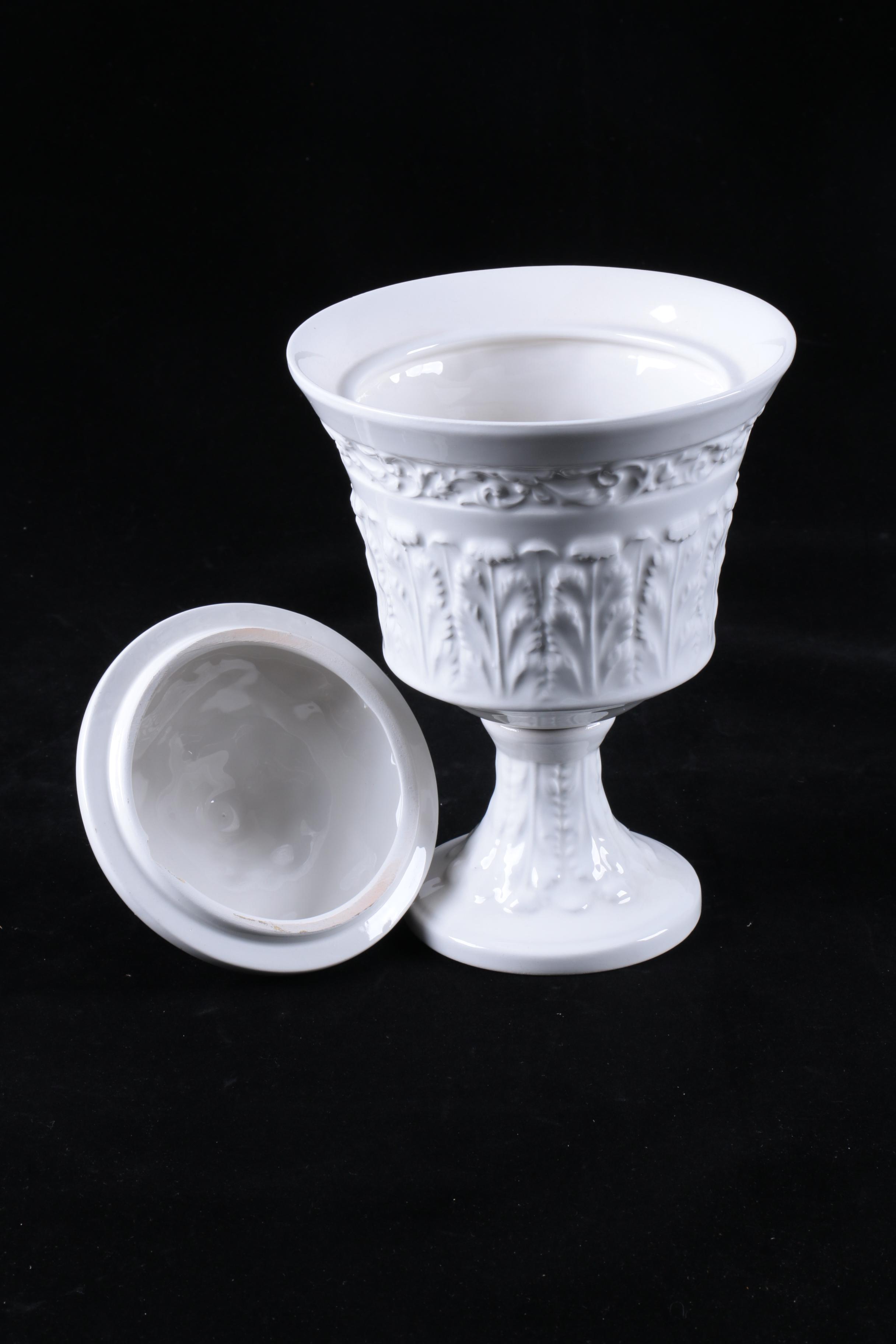 Four Pieces of Embossed White Ceramic Serveware