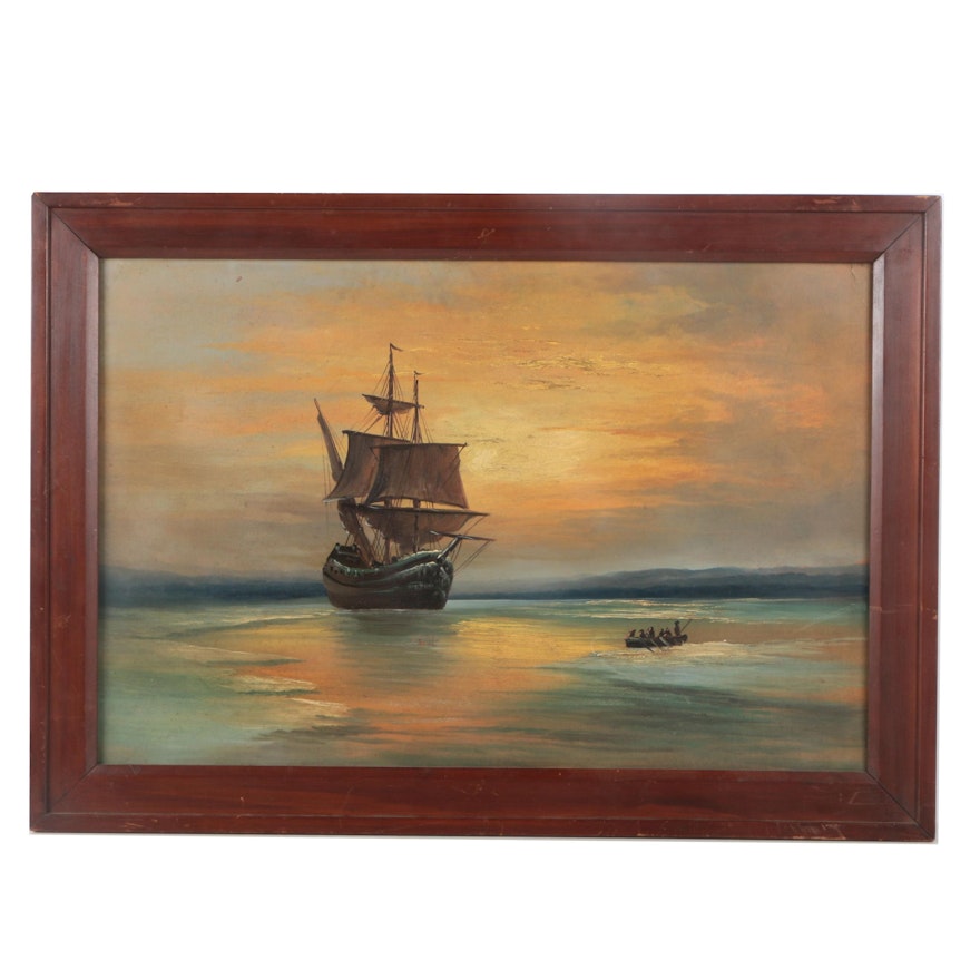 Oil Painting on Panel of a Ship at Sunset