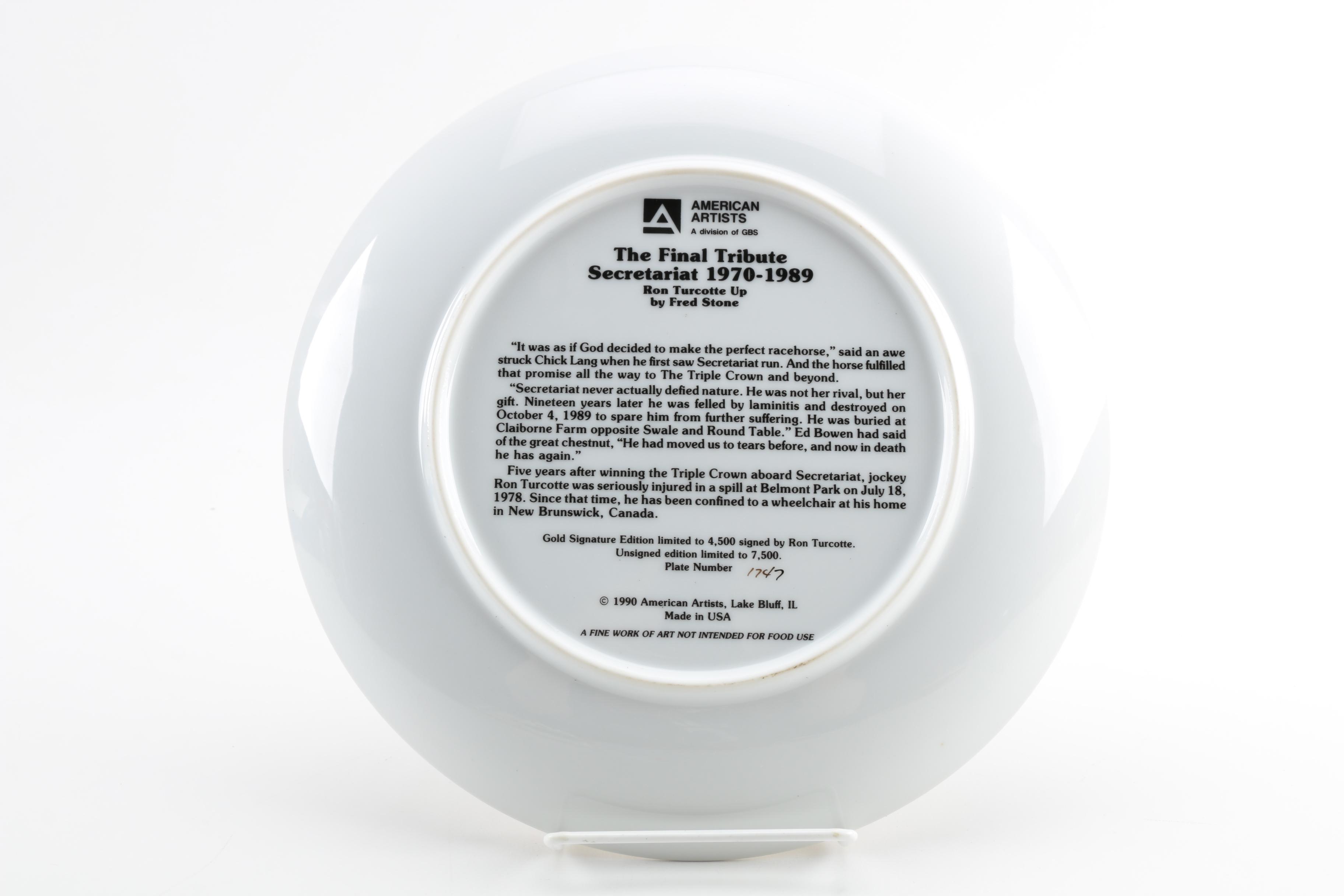 Limited Edition Fred Stone "Final Tribute" Plate of Secretariat