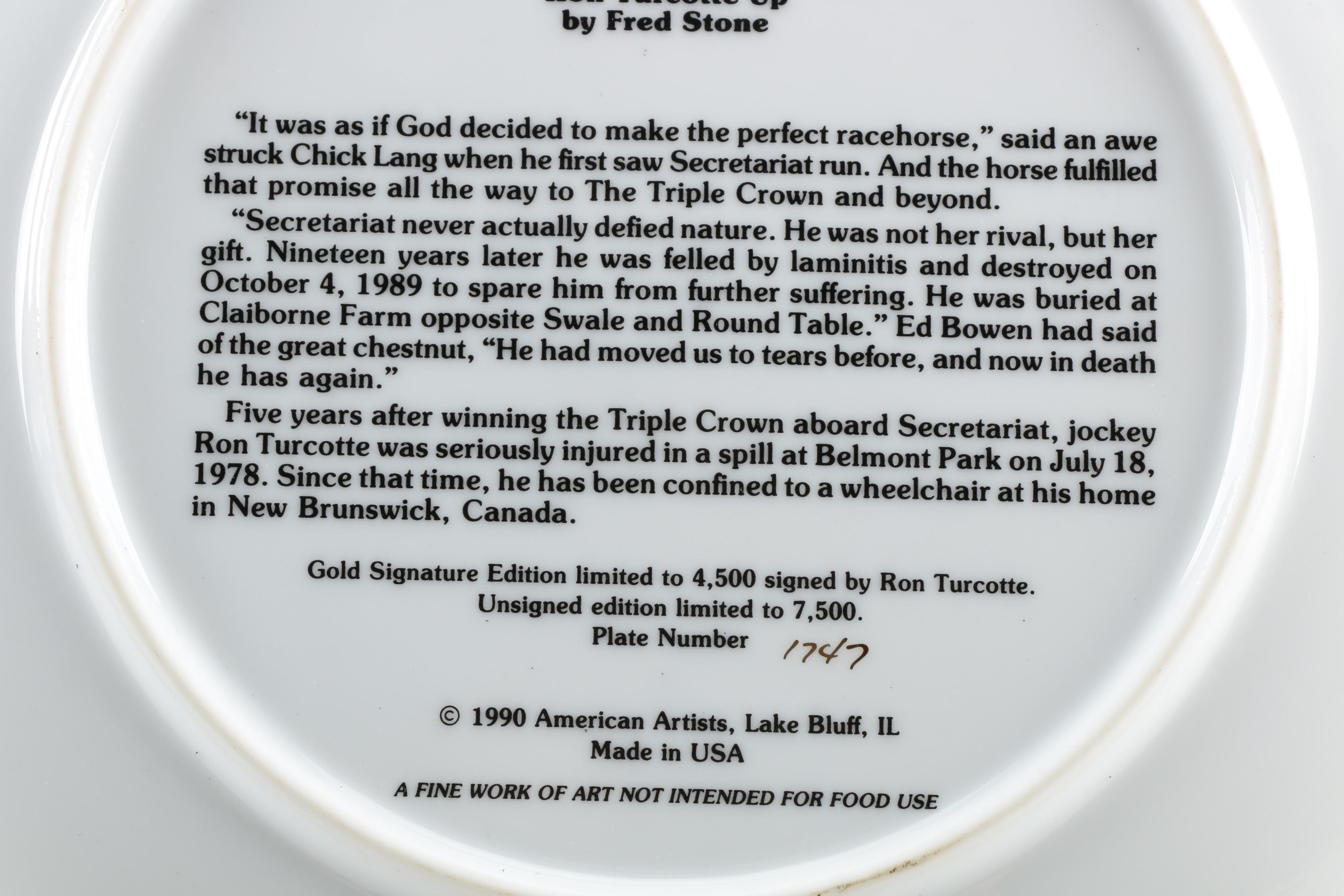 Limited Edition Fred Stone "Final Tribute" Plate of Secretariat
