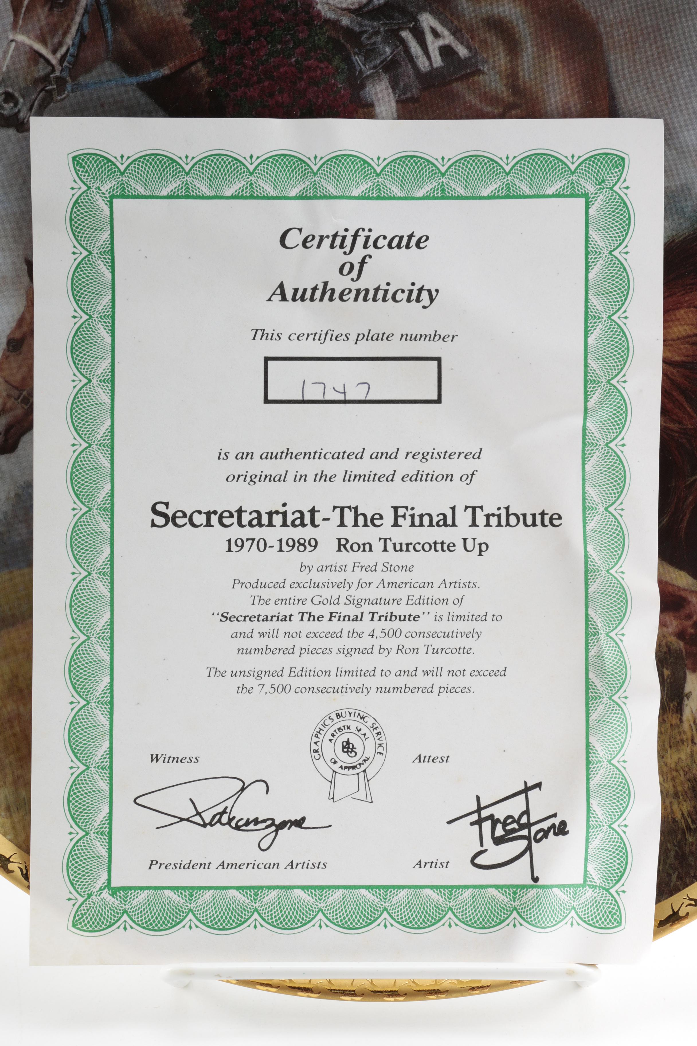Limited Edition Fred Stone "Final Tribute" Plate of Secretariat