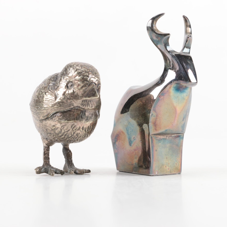Metal Bird and Silver-Plated Deer Paperweights