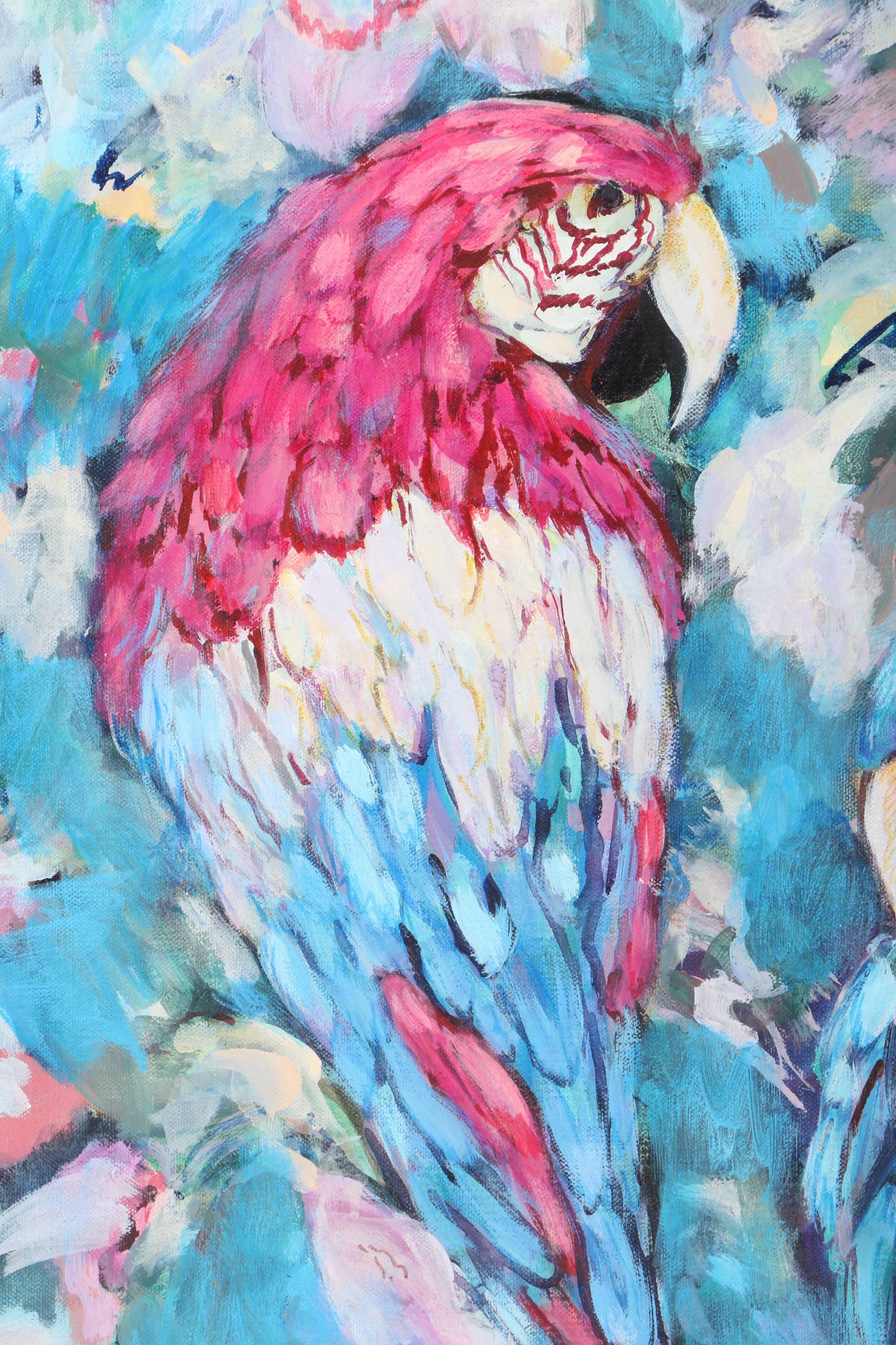 Lorraine Christensen Oil Painting on Canvas of Two Parrots