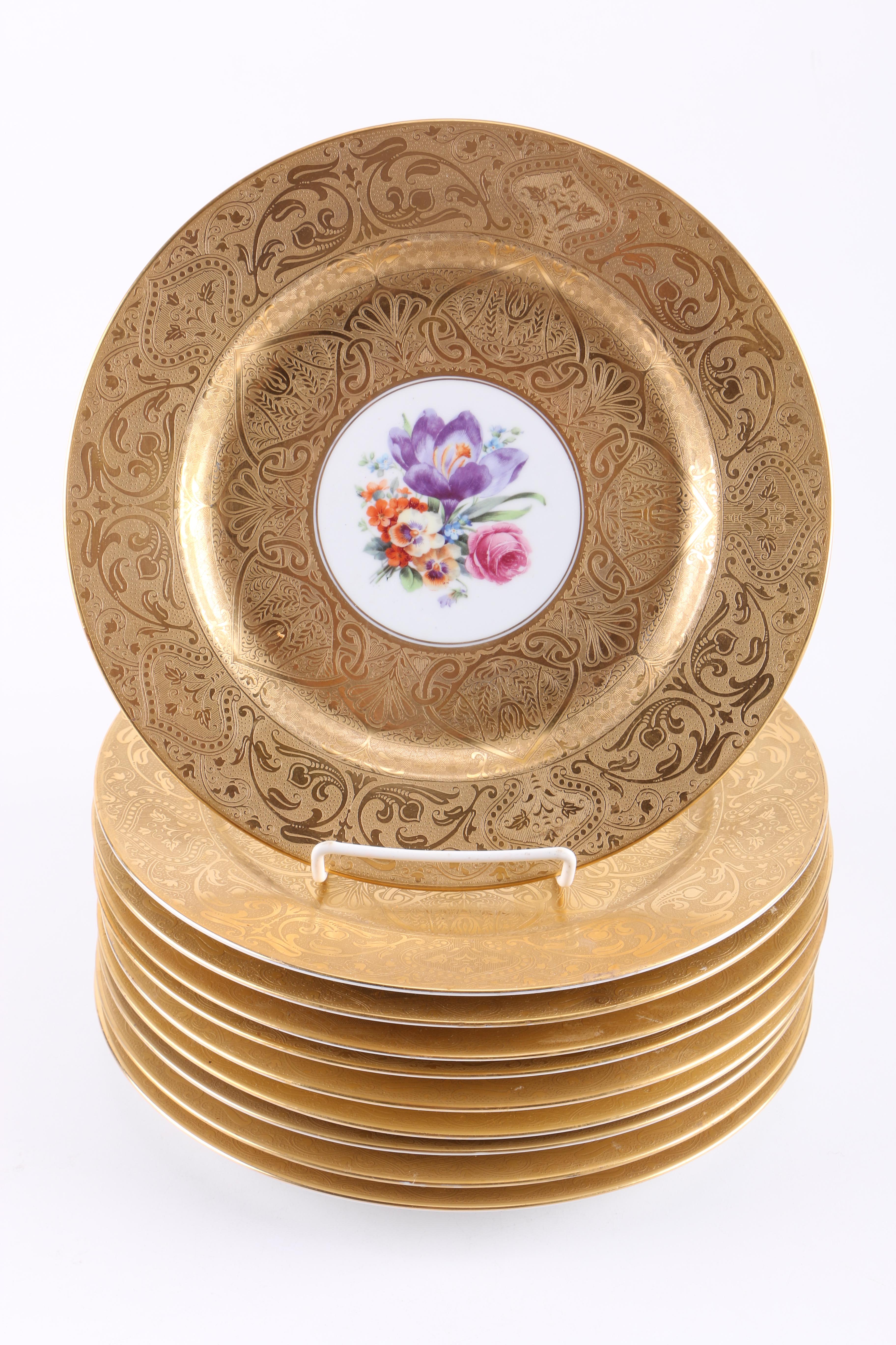 Royal Bavarian Hutschenreuther and Czechoslovakian Floral Plates With Embossed Gilding