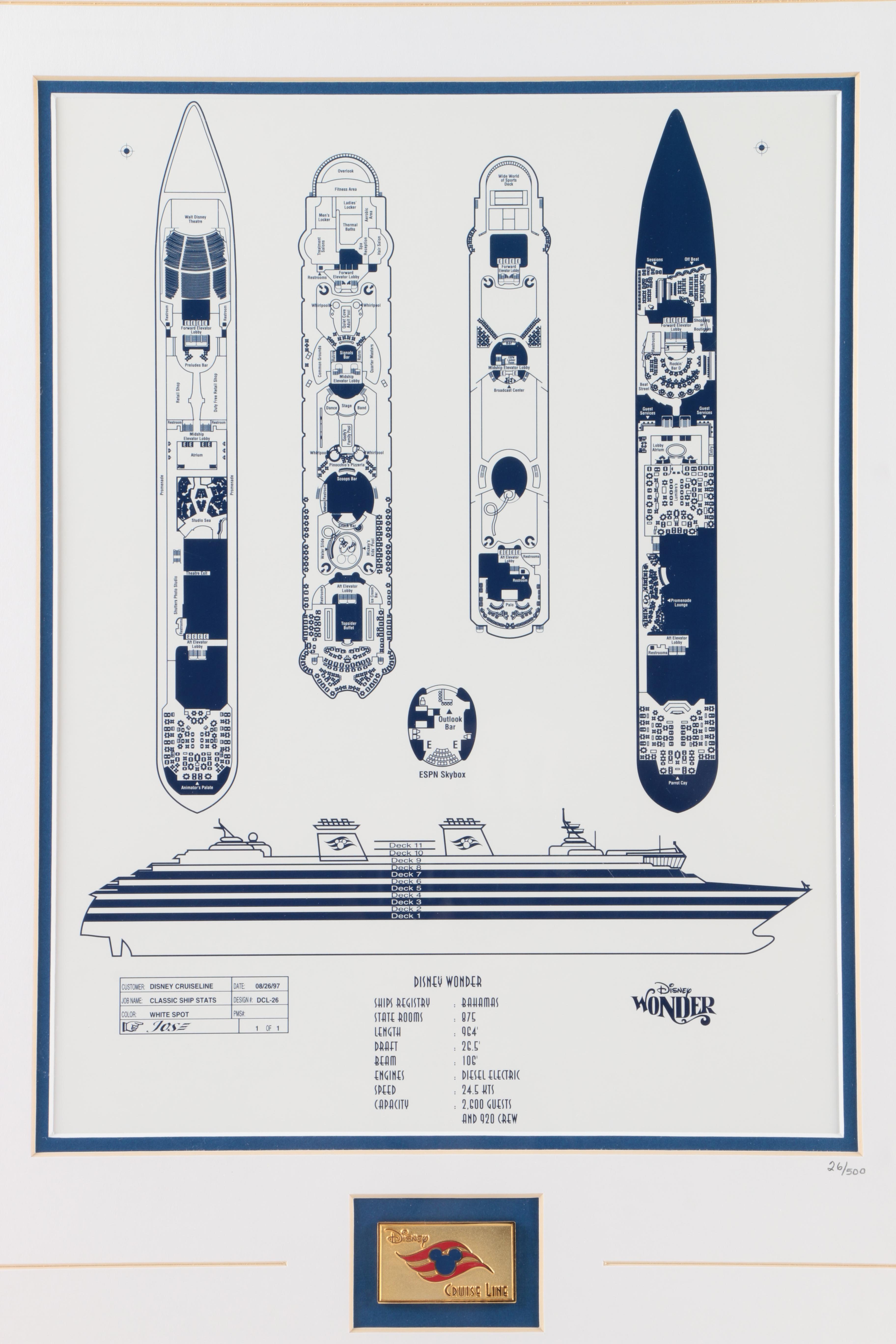 Limited Edition Offset Lithograph of Deck Plans for the "Disney Wonder" Cruise Ship